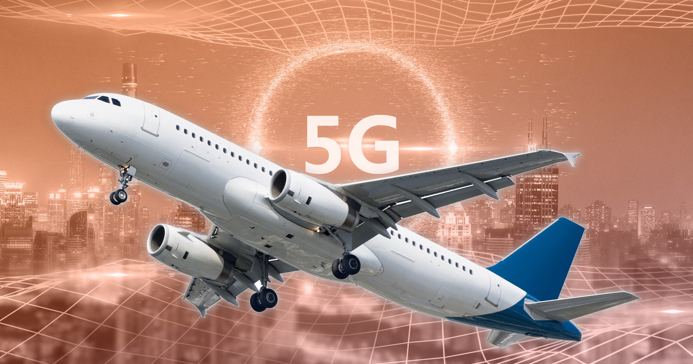 Plane in air with 5G and cityscape background